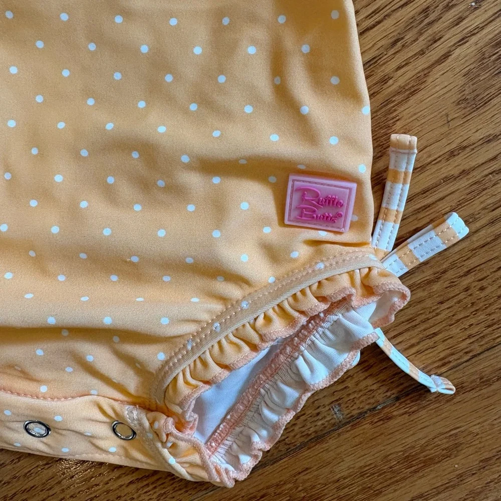 RuffleButts Orange Polka Dot Long Sleeve Rash Guard One-Piece Swimsuit 6-12M